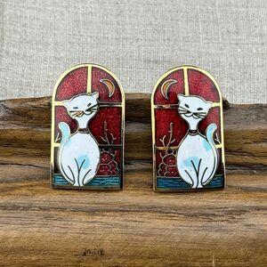 White Cat Moon Red Window Cloissone Enamel Gold Tone Clip-on Earrings VTG 1.25"